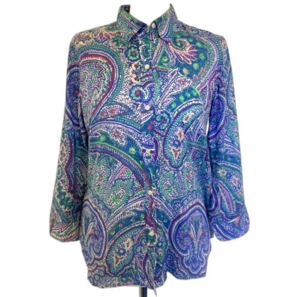 Lauren Ralph Lauren Purple Paisley 3/4 Sleeve Collared Button Up Top Size PL - Picture 1 of 10